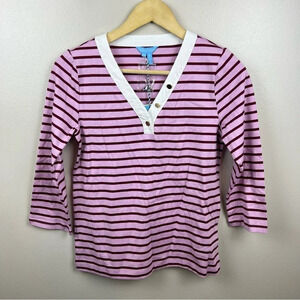 Draper James V-Neck Puff Sleeve Shirt Size XS Dark Pink Mariner Stripe Preppy